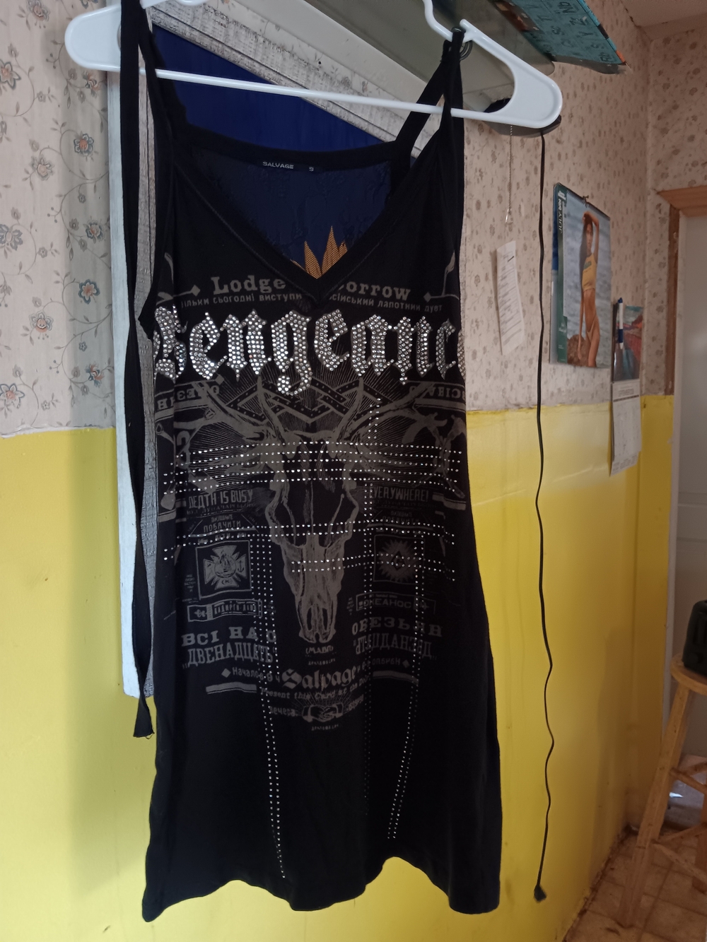 NWOT Salvage Black Graphic 'Vengeance' Studded Mini Dress. M